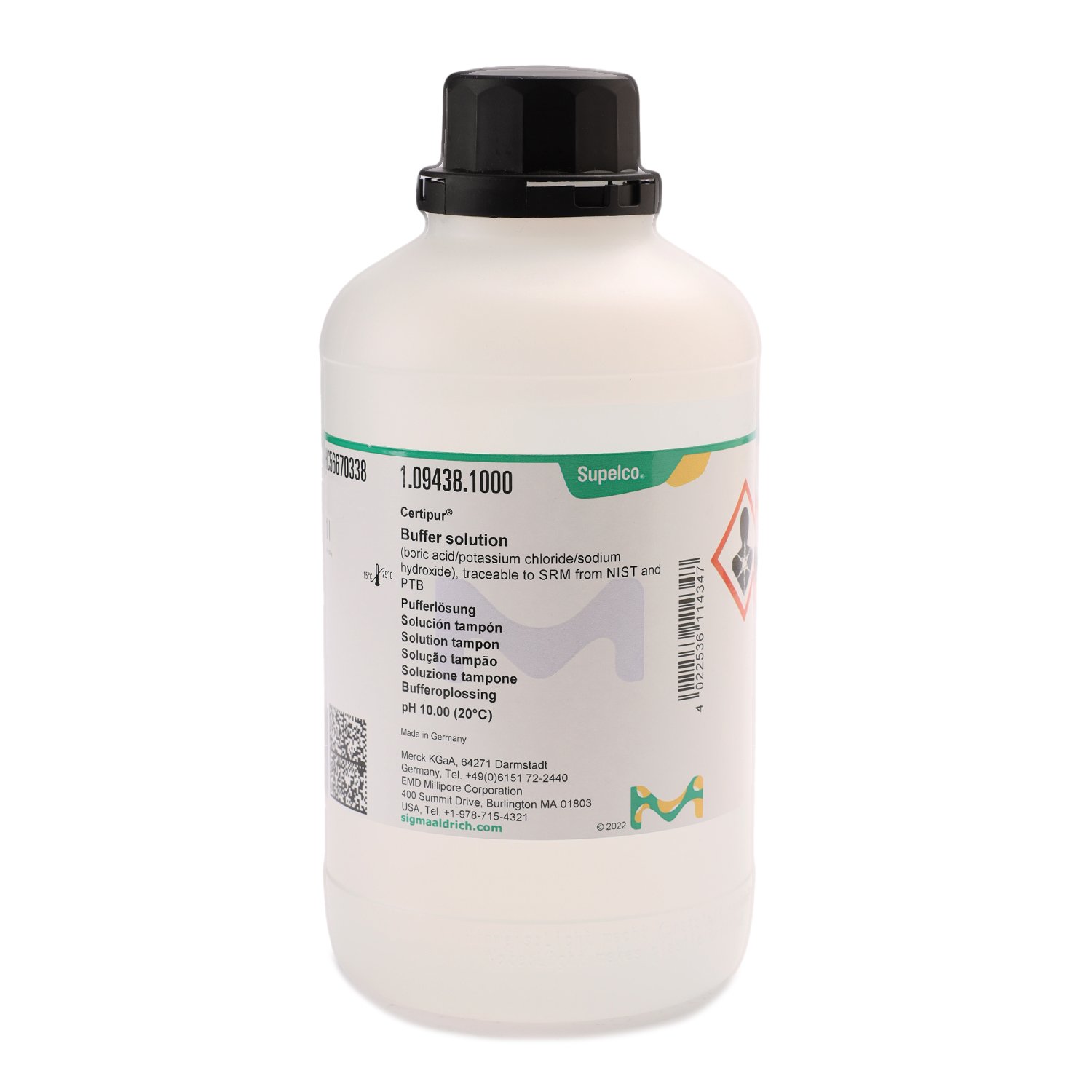 Buffer solution (boric acid/potassium chloride/sodium hydroxide), traceable to SRM from NIST and PTB pH 10.00 (20°C) Certipur®